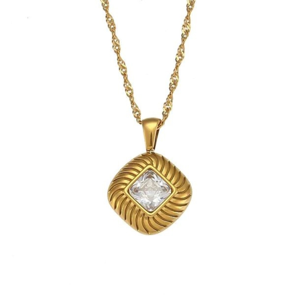 NWT Retro Square Stripe Stainless Steel Zircon Necklace